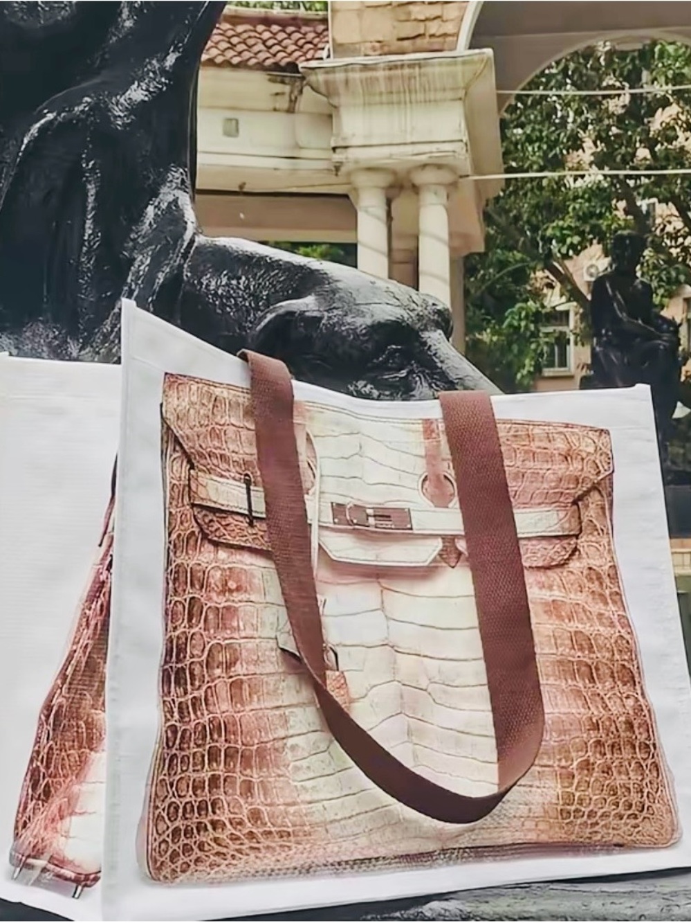 Stylish White Tote with Brown Croc-Texture Print